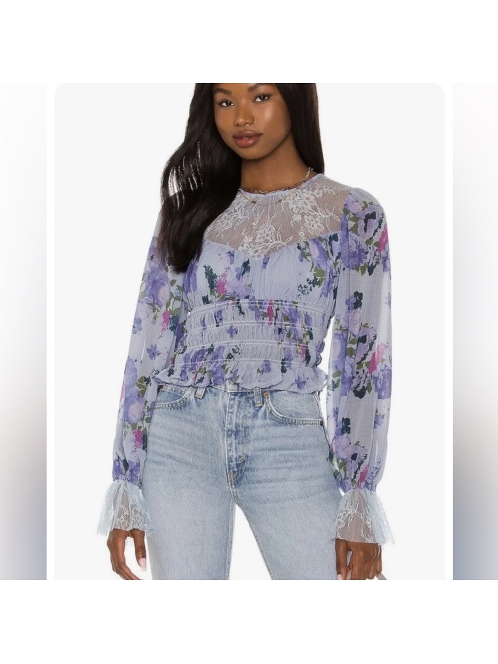 Free People Purple Floral Lace Blouse smocked Very feminine women size XS NEW